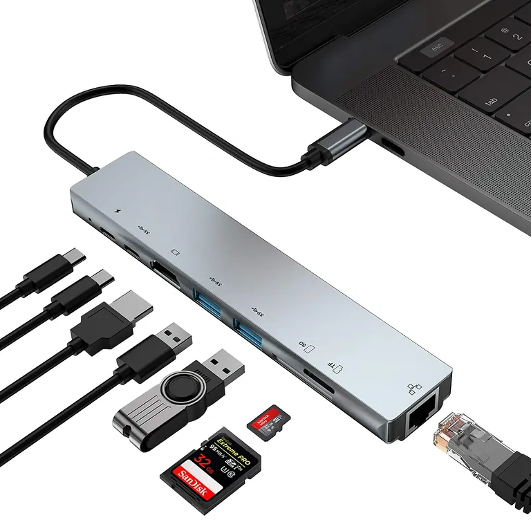 Adaptor USB-C cu HDMI, RJ45, USB și cititor de carduri pentru laptopuri