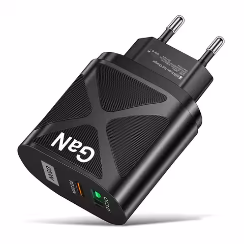 Încărcător negru de perete cu USB-C și suport PD/QC pentru încărcare rapidă