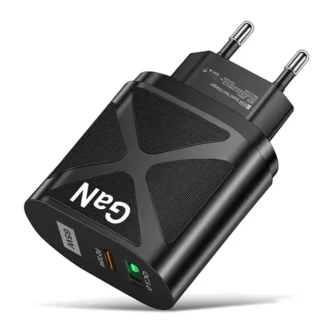 Încărcător negru de perete cu USB-C și suport PD/QC pentru încărcare rapidă