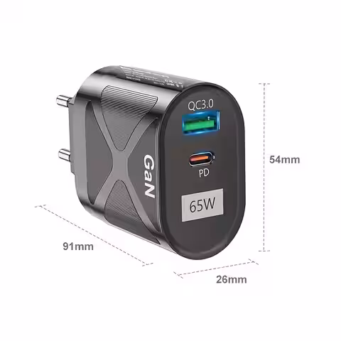 Dimensiunile încărcătorului rapid 65W cu design compact: 54 x 91 x 26 mm