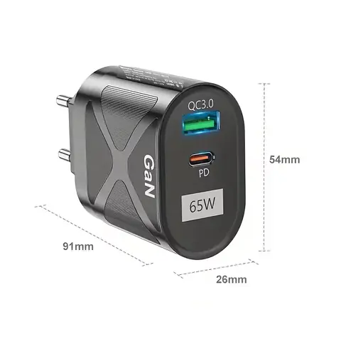 Dimensiuni încărcător 65W – design compact și eficient Dimensiunile încărcătorului rapid 65W cu design compact: 54 x 91 x 26 mm