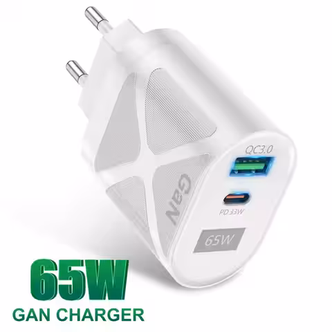 Încărcător alb cu tehnologie GaN și putere de 65W, compatibil cu Type-C