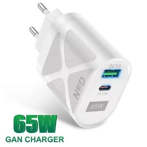 Încărcător alb cu tehnologie GaN și putere de 65W, compatibil cu Type-C