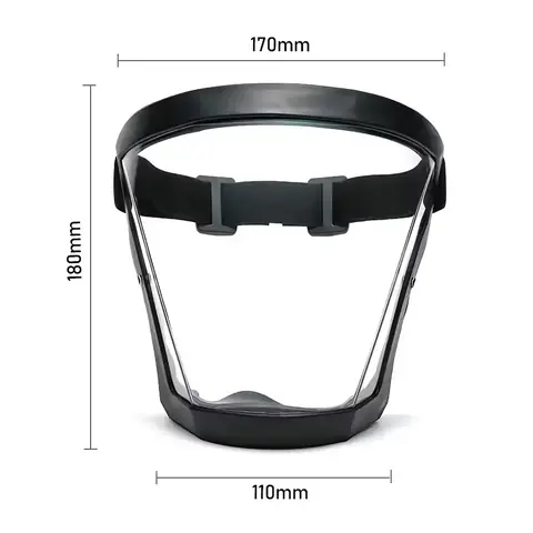 Masca de protecție față – ghid dimensiuni Dimensiunile măștii de protecție față cu filtru praf și vizieră transparentă.