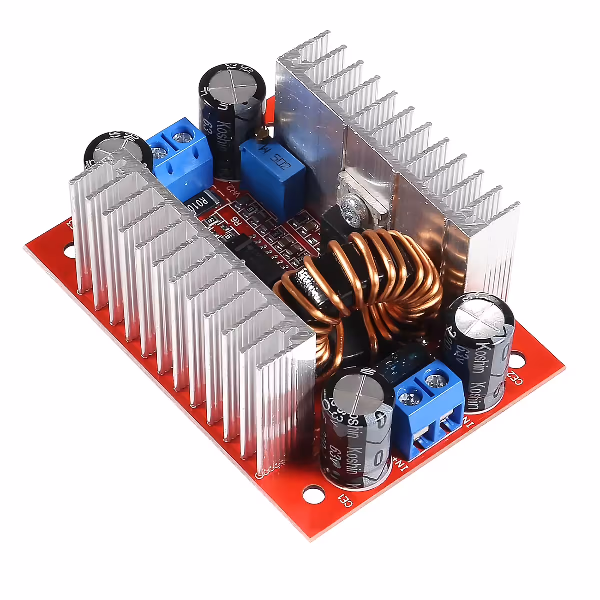 Modul Step-up Boost DC 400W – Vedere de sus cu tensiunea de intrare (DC 8.5V-50V) Vedere de sus a modulului Step-up Boost DC 400W, cu detalii despre tensiunea de intrare (DC 8.5V-50V)