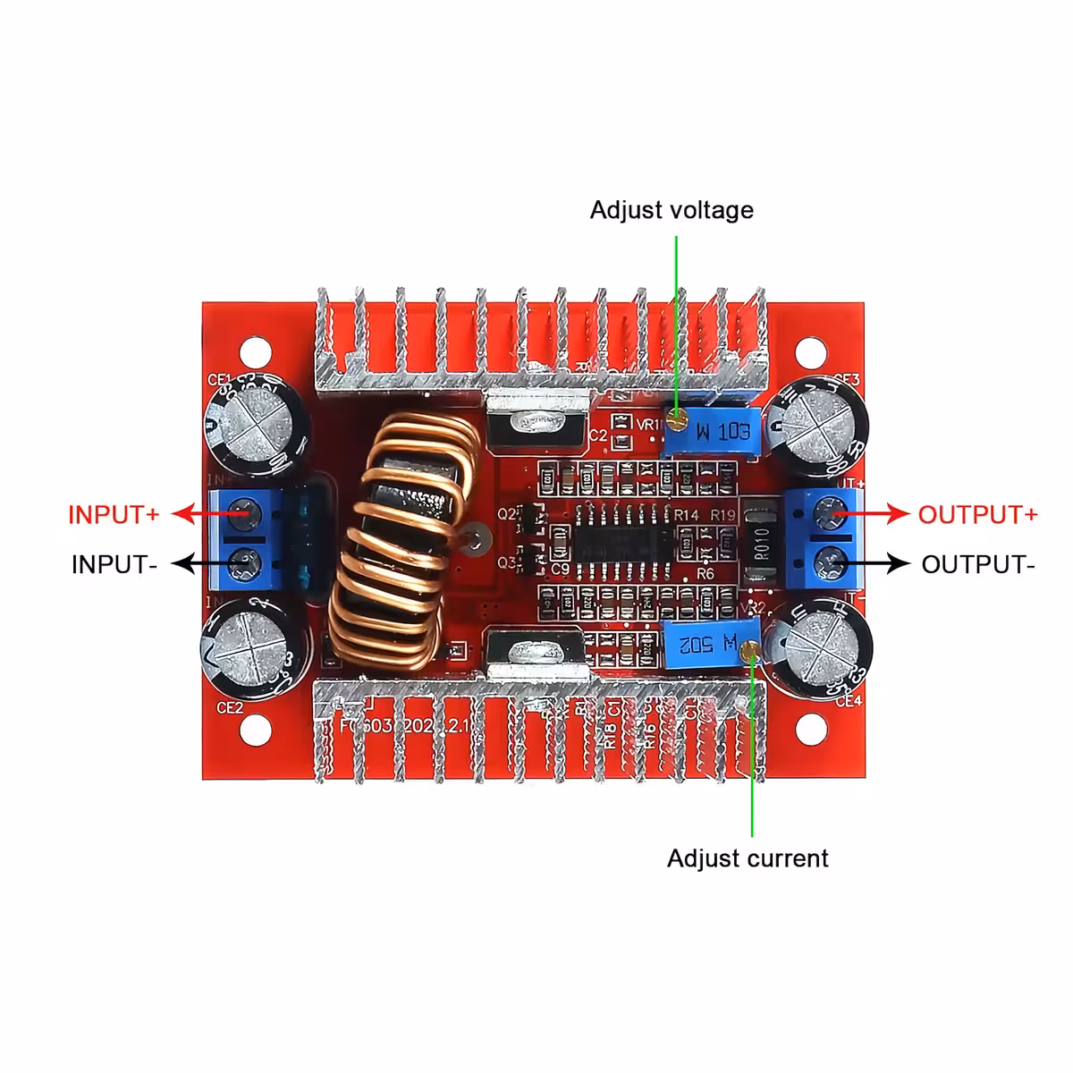 Schița de conectare a Modulului Step-up Boost DC 400W Schiță detaliată a conectării cablurilor la modulul Step-up Boost DC 400W