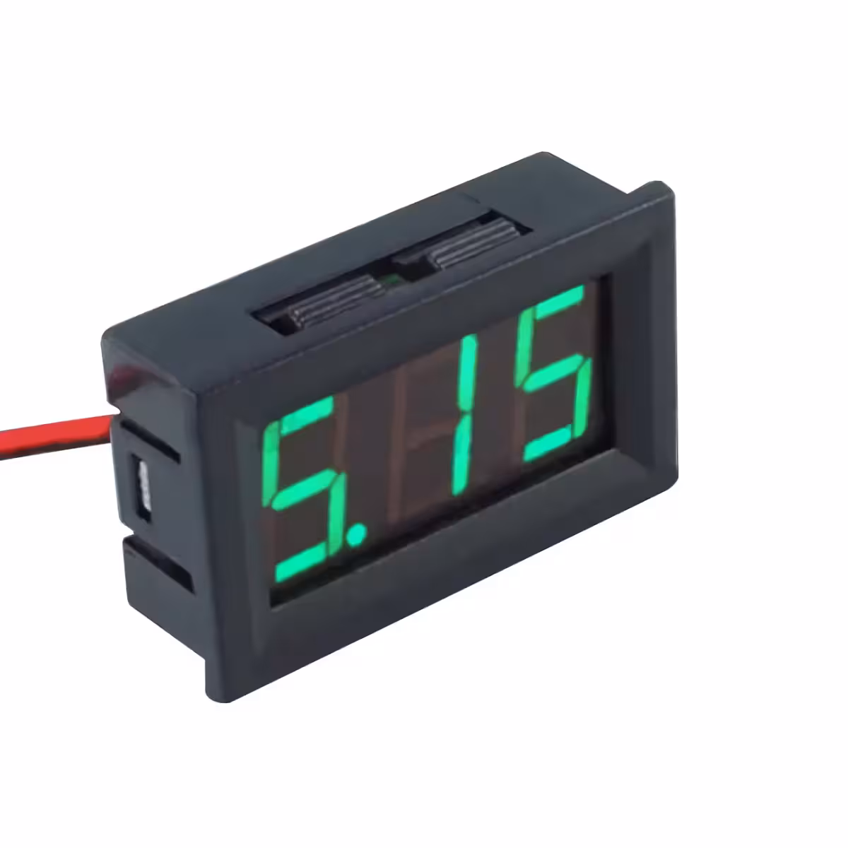 Spatele voltmetrului digital de panou 5V-120V curent continuu Vedere detaliată a spatelui voltmetrului digital de panou 5V-120V, cu conexiunile și componentele vizibile