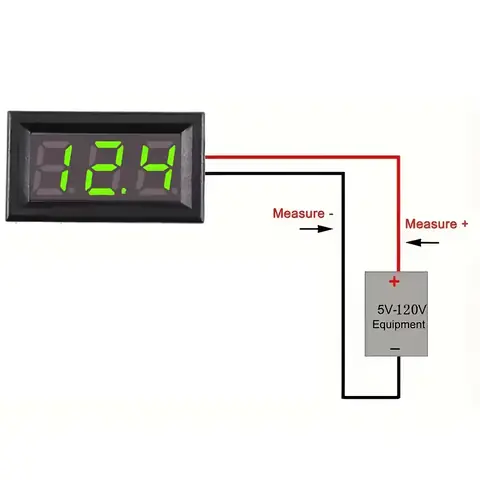 Schema de montaj pentru voltmetrul digital de panou 5V-120V curent continuu Diagramă de conectare electrică pentru voltmetrul digital de panou 5V-120V, indicând modul corect de cablare pentru măsurarea tensiunii DC