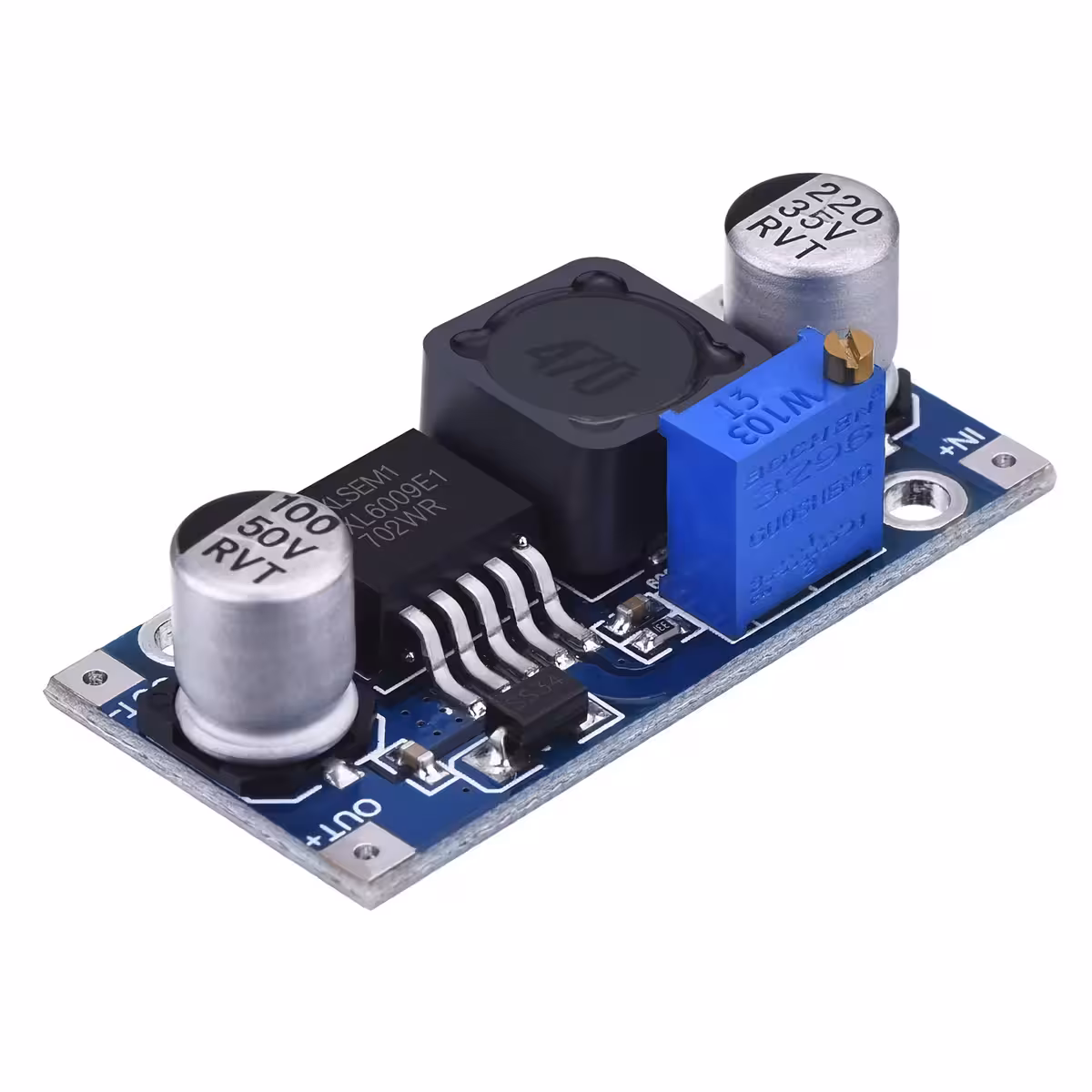 Modul XL6009 – vedere frontală oblică Modulul de alimentare XL6009 văzut din față, dintr-un unghi oblic pentru evidențierea layoutului