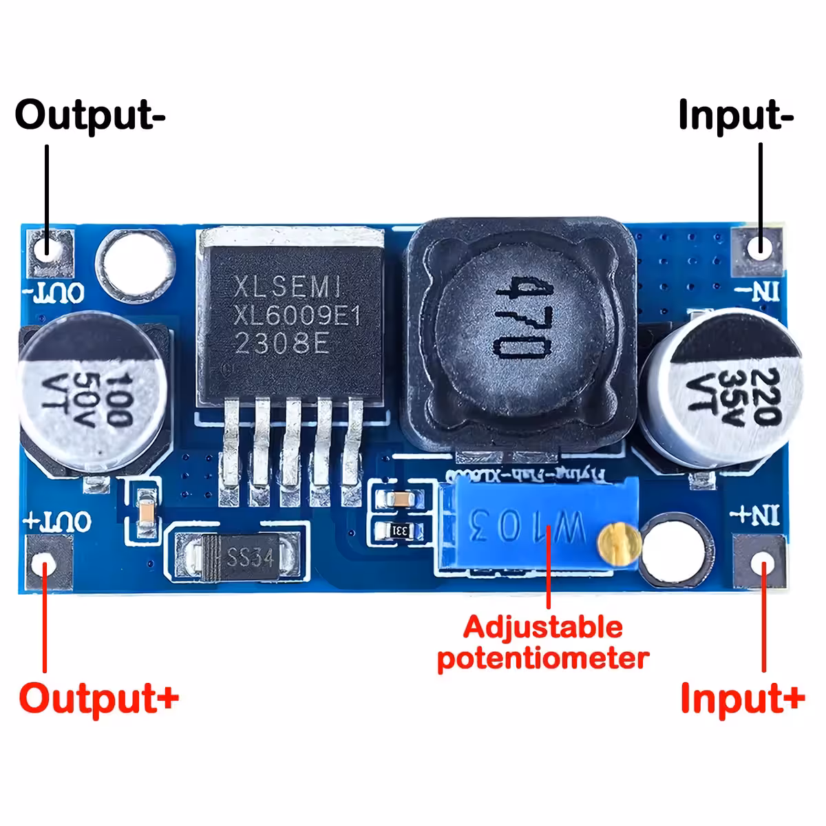 Conectare modul XL6009 Diagrama de conectare a modulului de alimentare XL6009 pentru sursă de intrare și ieșire