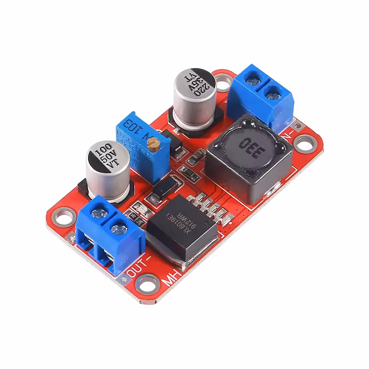 Modul XL6019 DC-DC Boost Converter - Vedere laterală (Unghi 2) Modul XL6019 DC-DC Boost Converter văzut din lateral, oferind o altă perspectivă asupra dimensiunilor și structurii