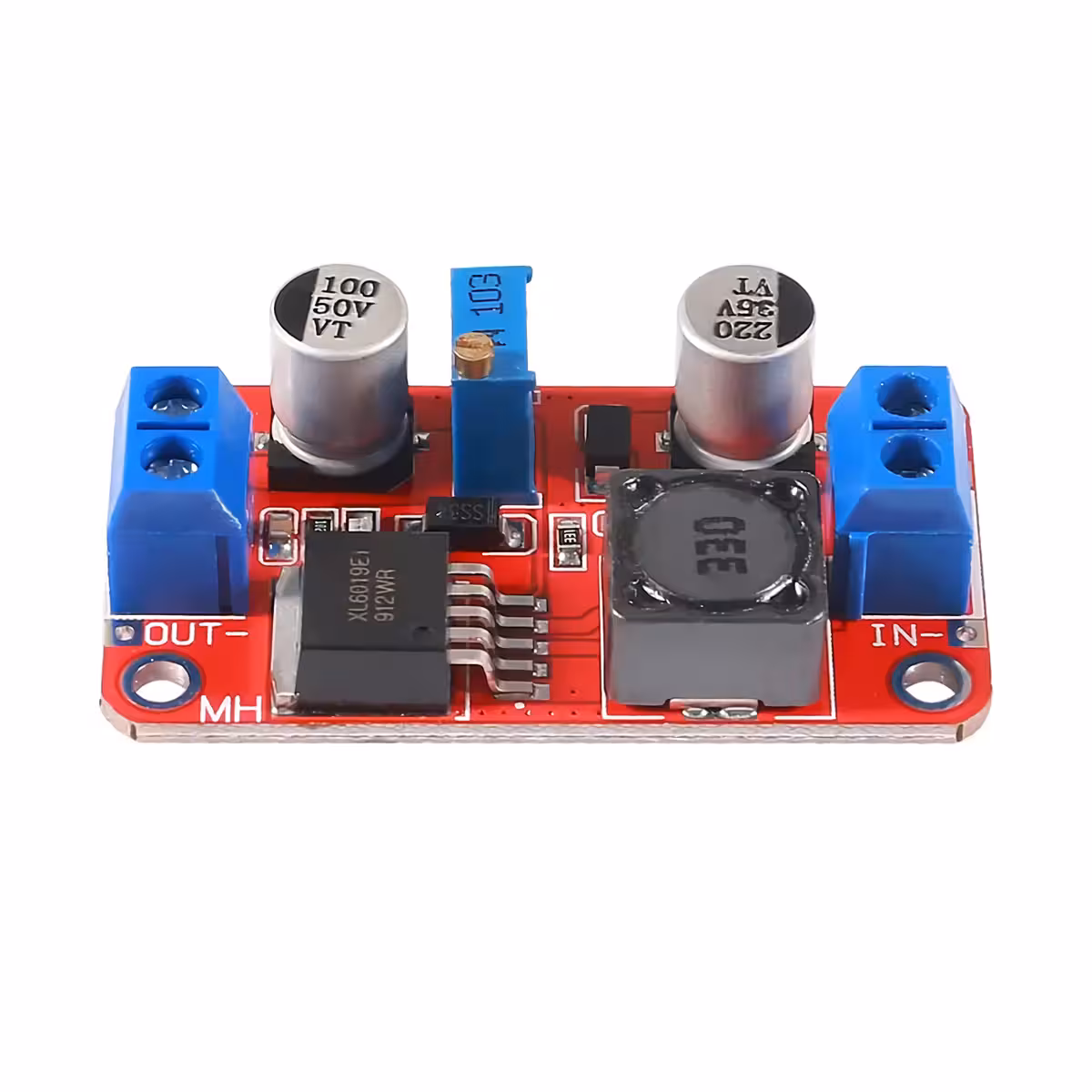 Modul XL6019 DC-DC Boost Converter - Vedere laterală Vedere laterală a modulului XL6019, pentru a observa dimensiunile și structura acestuia