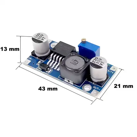 Dimensiuni modul LM2596S 3A – 43x21x14mm Dimensiunile modulului buck converter LM2596S 3A: 43mm lungime, 21mm lățime, 14mm înălțime