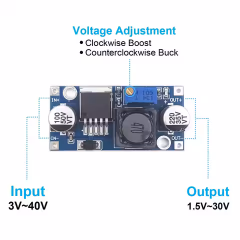 Kopplingsschema för LM2596S DC-DC step-down modul med spänningsjustering 1,25–35V