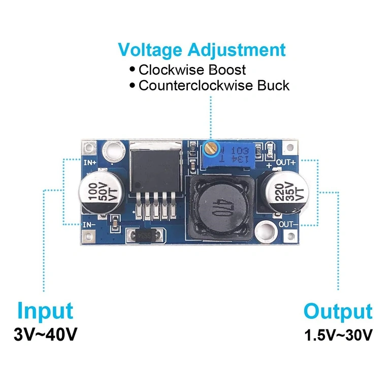 Схема за свързване на LM2596S DC-DC step-down с регулиране на напрежение 1.25–35V