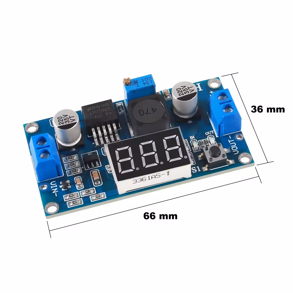 Dimensiuni modul LM2596 Dimensiuni convertor tensiune LM2596 – 66x36x11mm