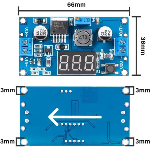Modul LM2596 Step Down 3A cu vedere frontală, spate și dimensiuni afișate