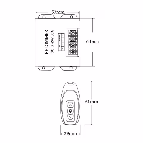 Bild med exakta mått på LED-banddimmer 5V 12V 24V 30A