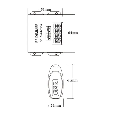 Dimensiuni dimmer LED 30A Imagine cu dimensiunile exacte ale dimmerului pentru bandă LED 5V 12V 24V 30A