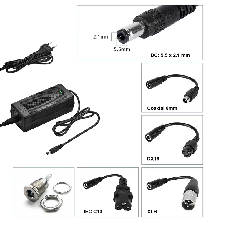 Încărcător 52V–58.8V 2A cu conector DC 5.5×2.1 mm pentru trotinete și biciclete electrice