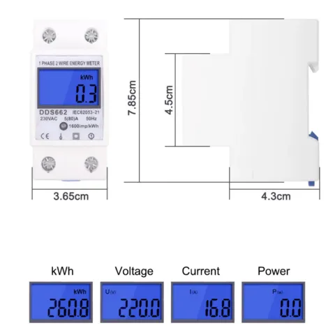 Contor cu afișaj digital LCD care arată consumul de energie, tensiunea, curentul și puterea