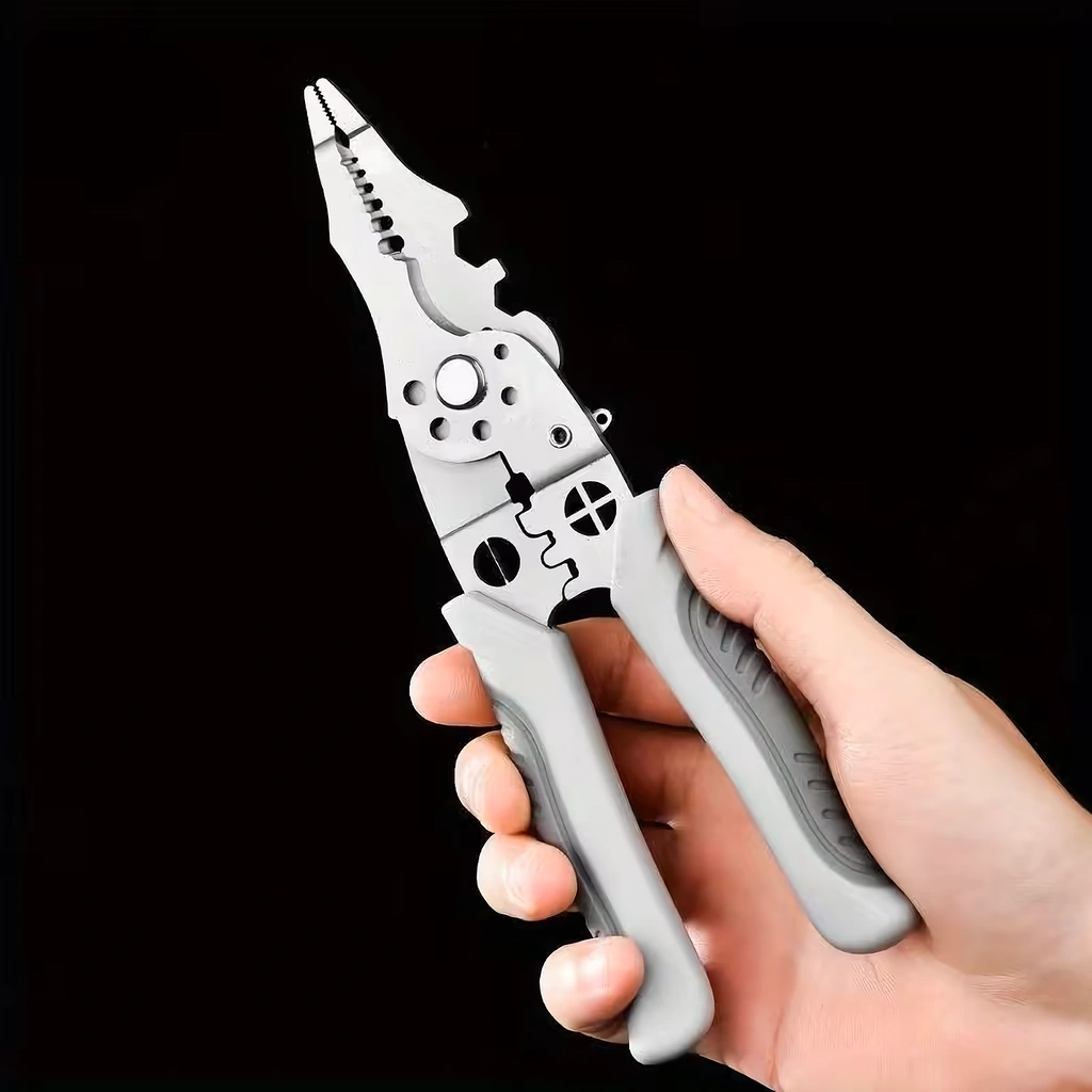 Vedere frontală a cleștelui electrician multifuncțional pentru cabluri electrice.