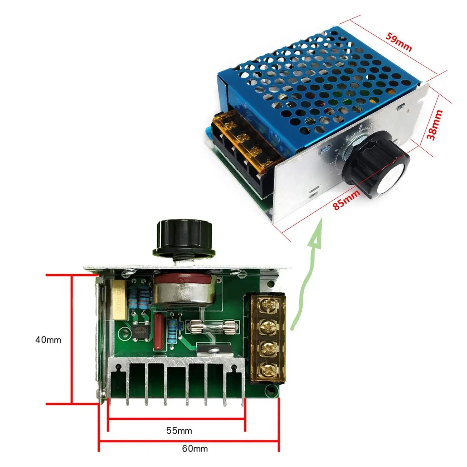 Dimensiuni și componente electronice ale variatorului de tensiune 220V 4000W Imagine detaliată cu modulul variator 220V și componentele electronice: triac, radiator, potențiometru, dimensiuni 8.5 x 5.8 x 3.8 cm